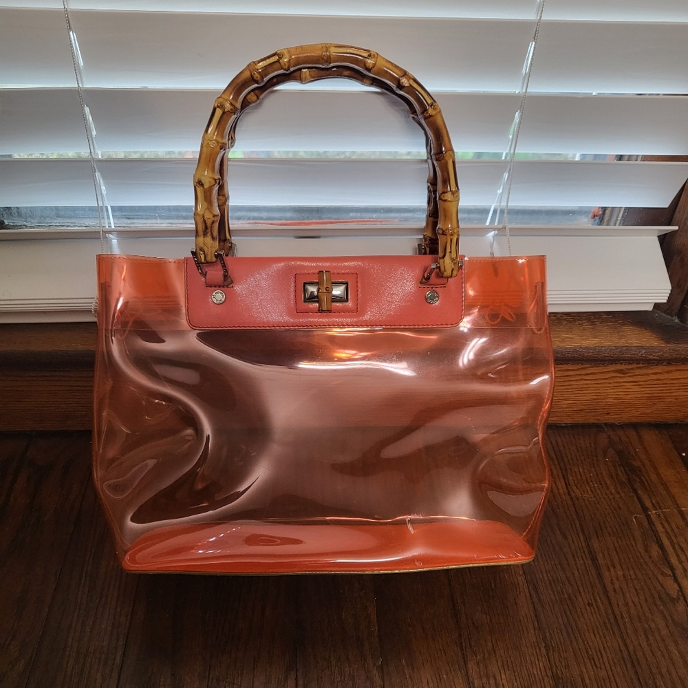 Monsac Translucent Peach Handbag with Leather Accents & Bamboo Handles